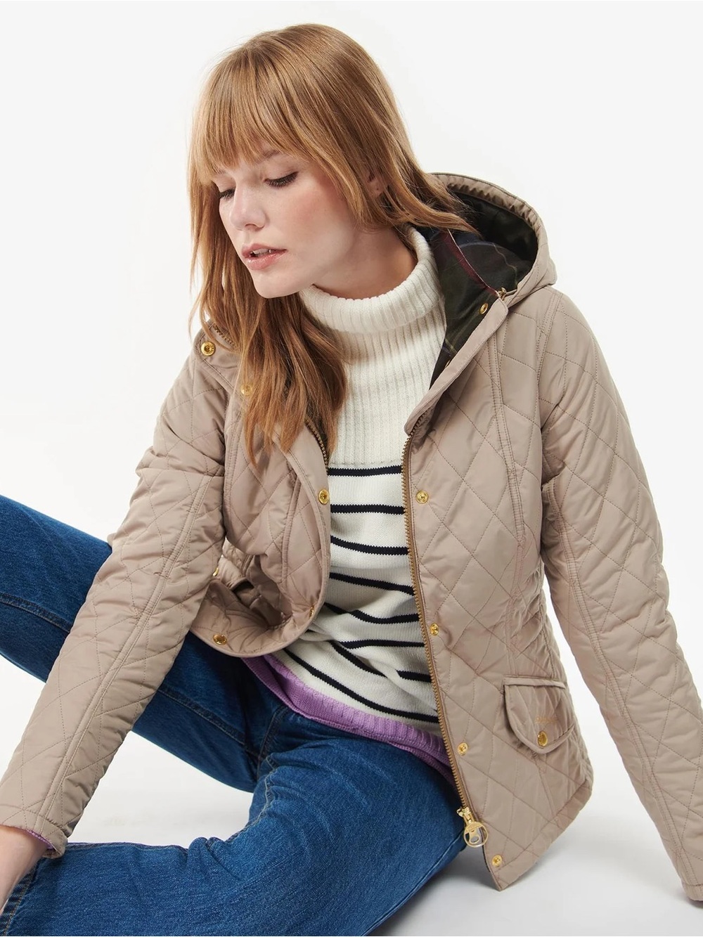 Barbour size 8 US Millfire Quilted Hooded Jacket Light Beige Tan Gold Hardware